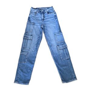 American Eagle Cargo Jeans Size 0 Regular Super High-rise Baggy Straight Blue